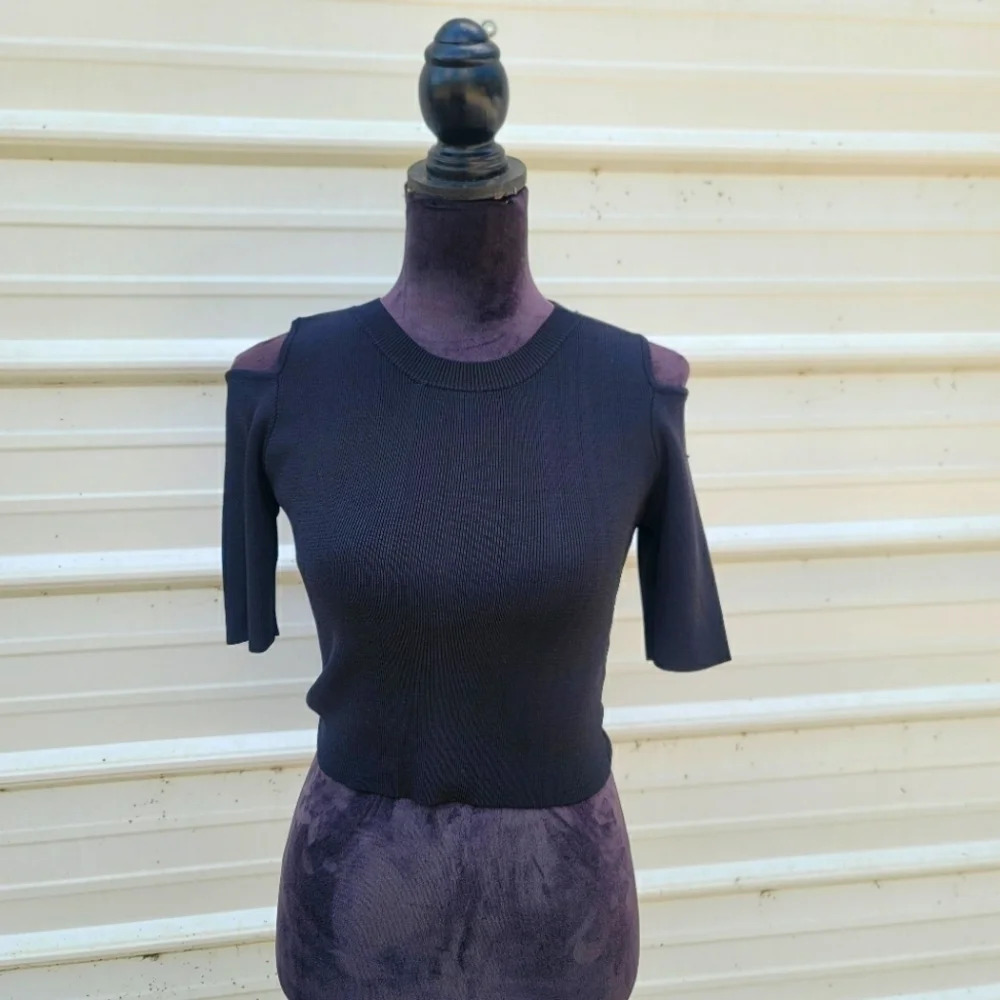 Mustard Seed Womens Crop Ribbed Top Stretch Cold Shoulder Short Sleeve Black S